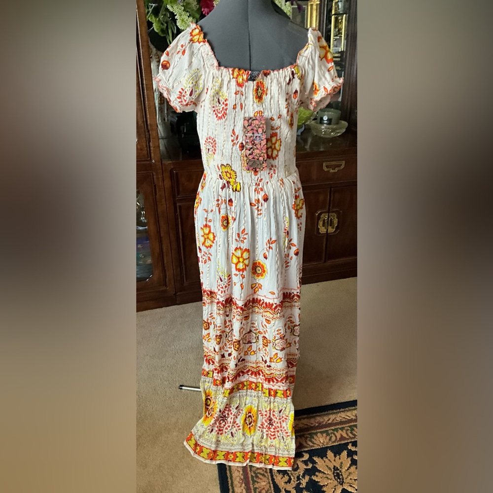 Bohemian Floral Maxi Dress in White, Orange and Yellow - Picture 2 of 2